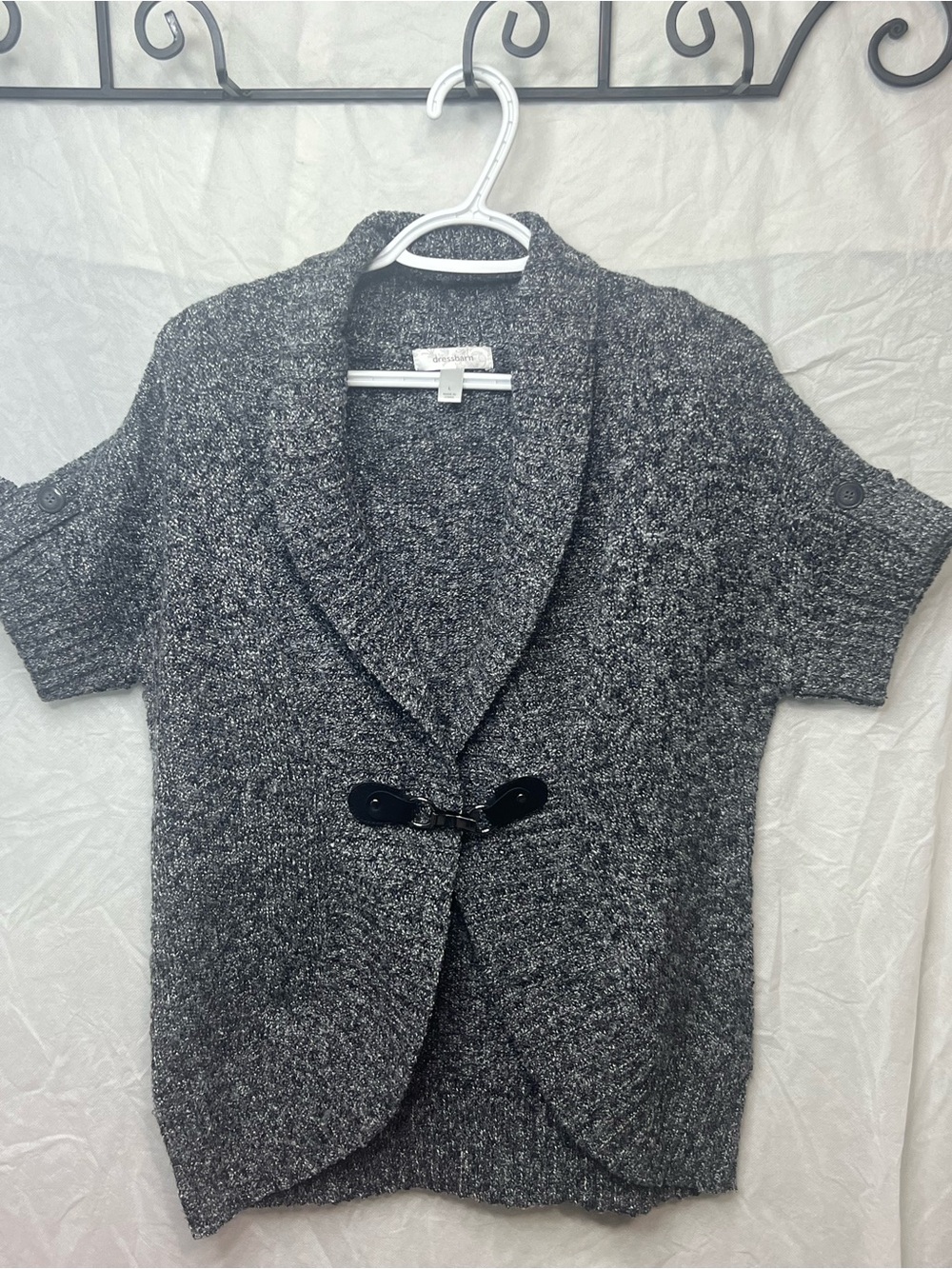Dressbarn Heather Gray Short-Sleeve Shawl-Collar Buckle Cardigan